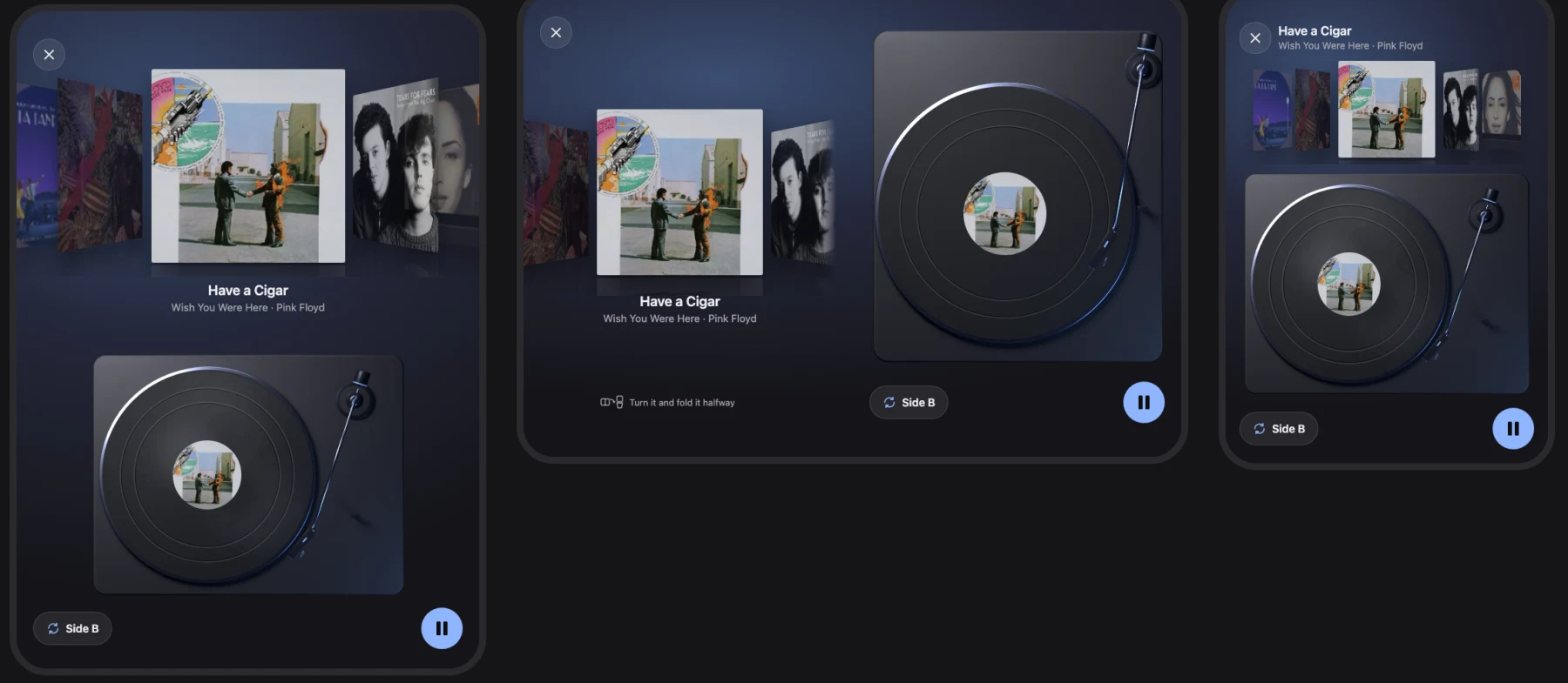 Three iPhone Duo screens side by side: half folded with the cover shelf above the turntable, open wide with the shelf beside a tall turntable, and folded shut on the outer screen.