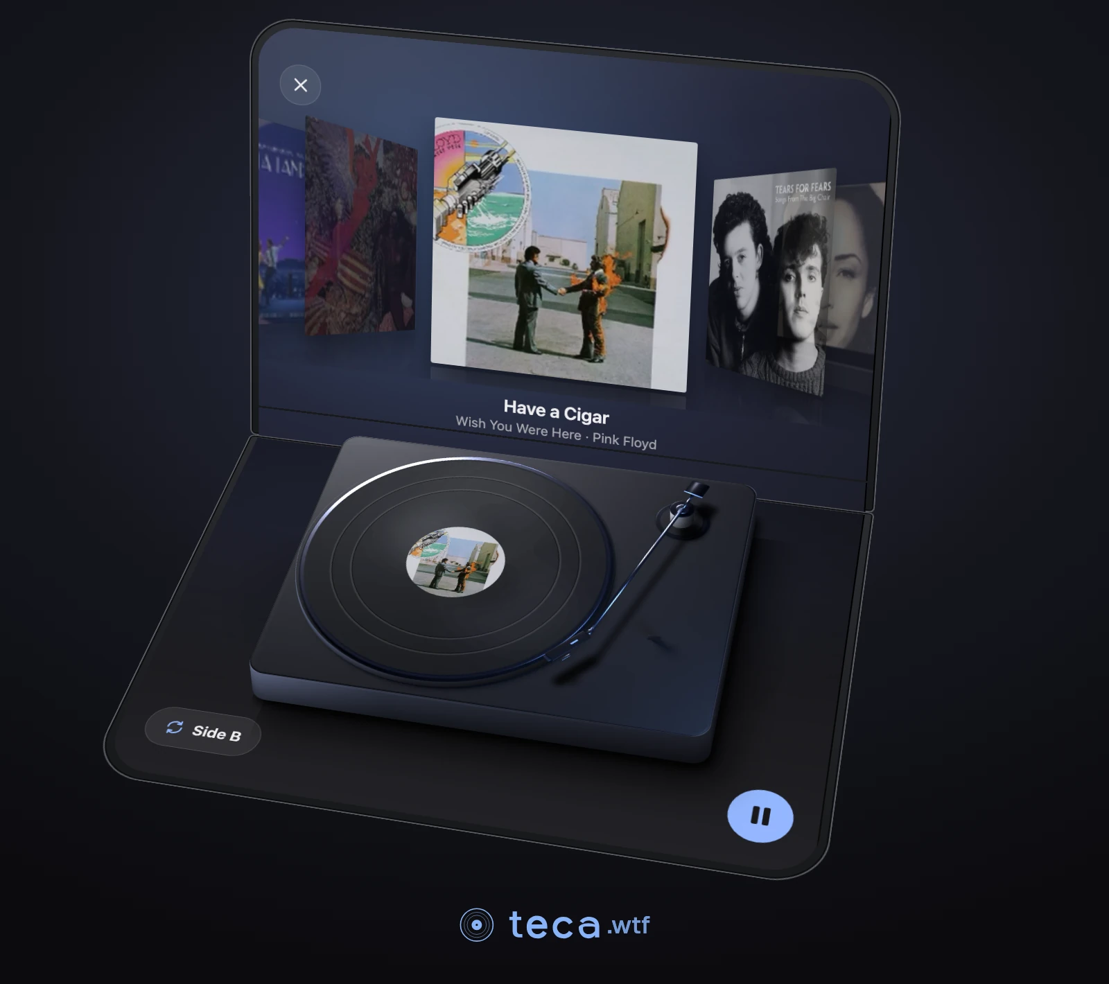 A half-folded iPhone Duo held tall like a small laptop. The upright half shows a shelf of record covers with Wish You Were Here in front. The flat half holds a turntable standing on the screen, its tonearm raised on the right, plus Side B and pause buttons.