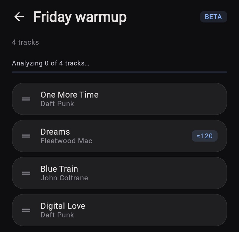 A Teca setlist called Friday warmup with four tracks. Teca is analysing them, and Dreams by Fleetwood Mac already shows about 120 BPM.