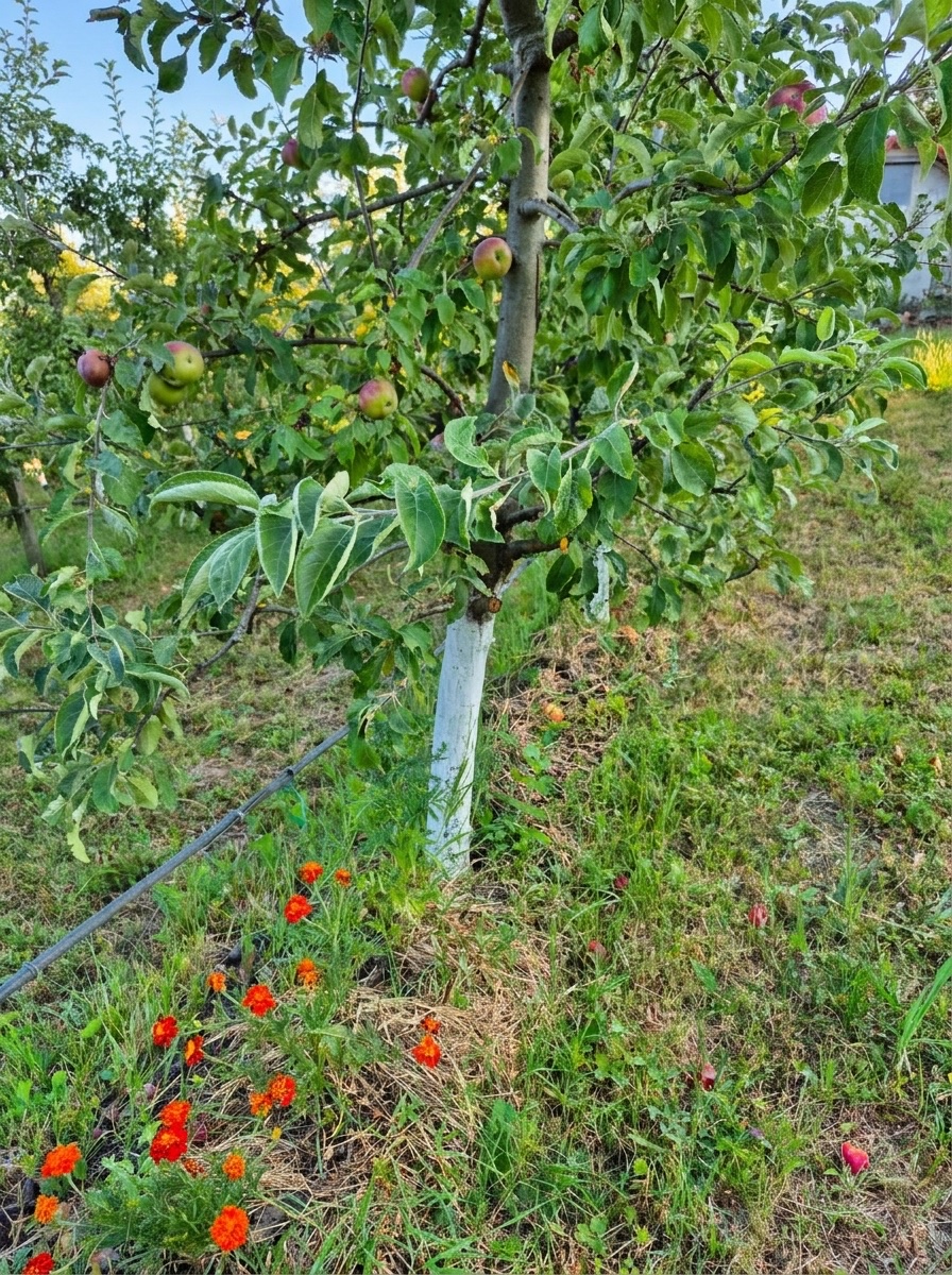 Jabuka sa nevenom oko okrečenog stabla / Apple tree with marigolds around its whitewashed trunk